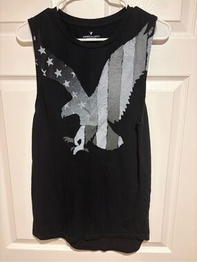 American Eagle Outfitters Black Tank with Silver Eagle Flag Graphic